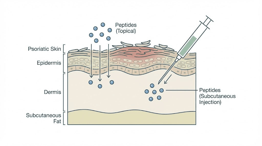 Peptide delivery routes through psoriatic skin cross-section diagram