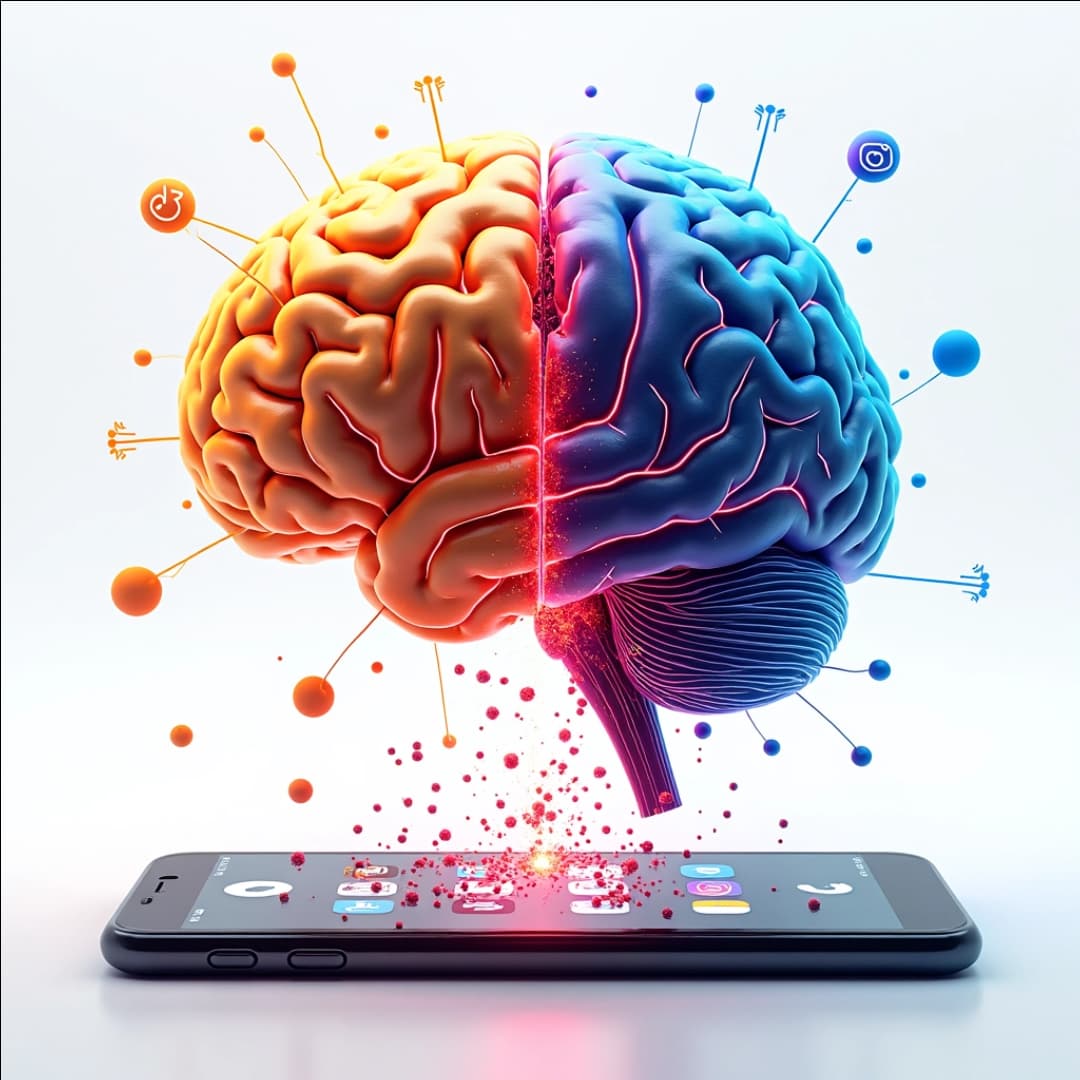 a colorful brain, above a smartphone, illustration