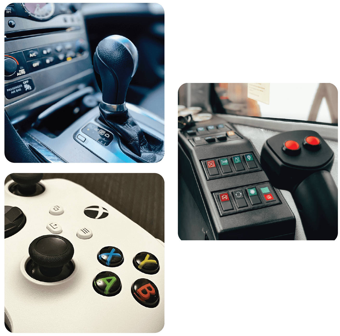 Three tiled images of different types of joysticks: One modern car gearshift, one Xbox controller, and one from an industrial machine.
