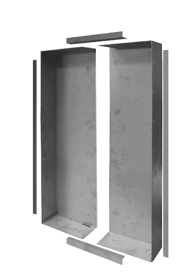 Metal shelving components on white background.