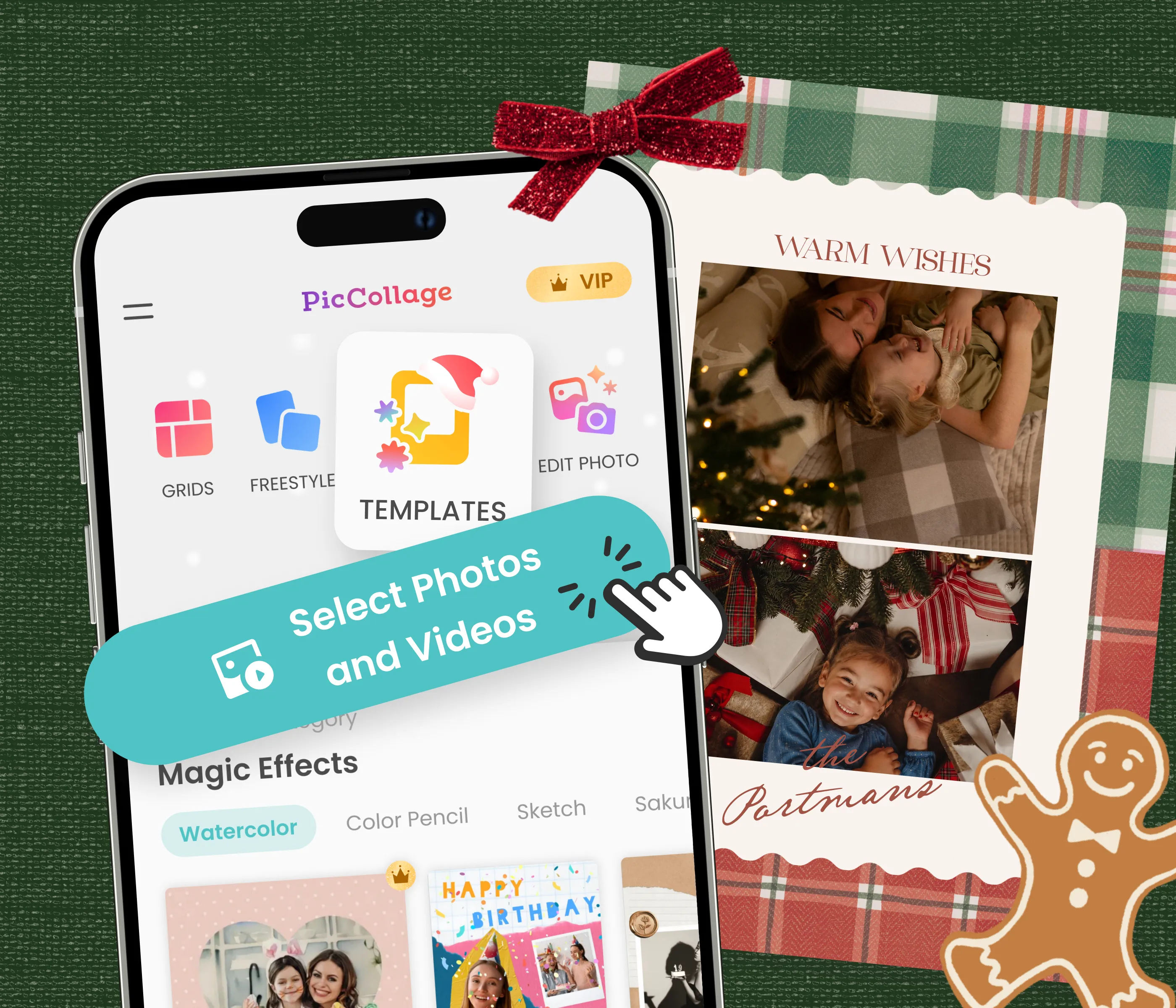 PicCollage app on a phone showing template, grid, and edit options for holiday cards