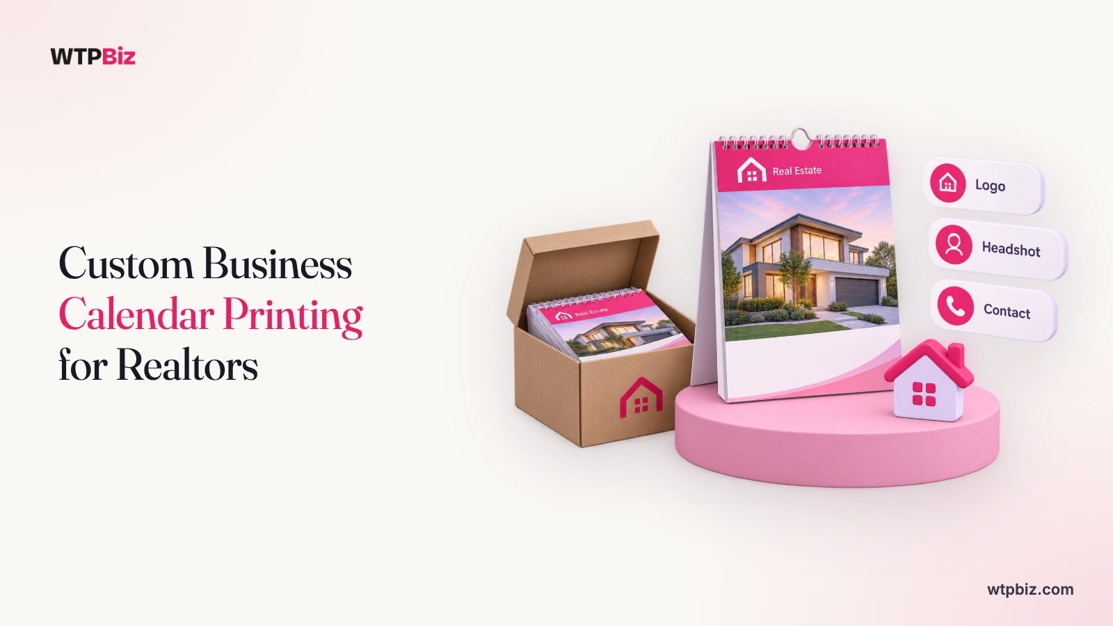Custom business calendar printing for realtors: a branded wall calendar with a house photo, a box of calendars and Logo, Headshot and Contact labels