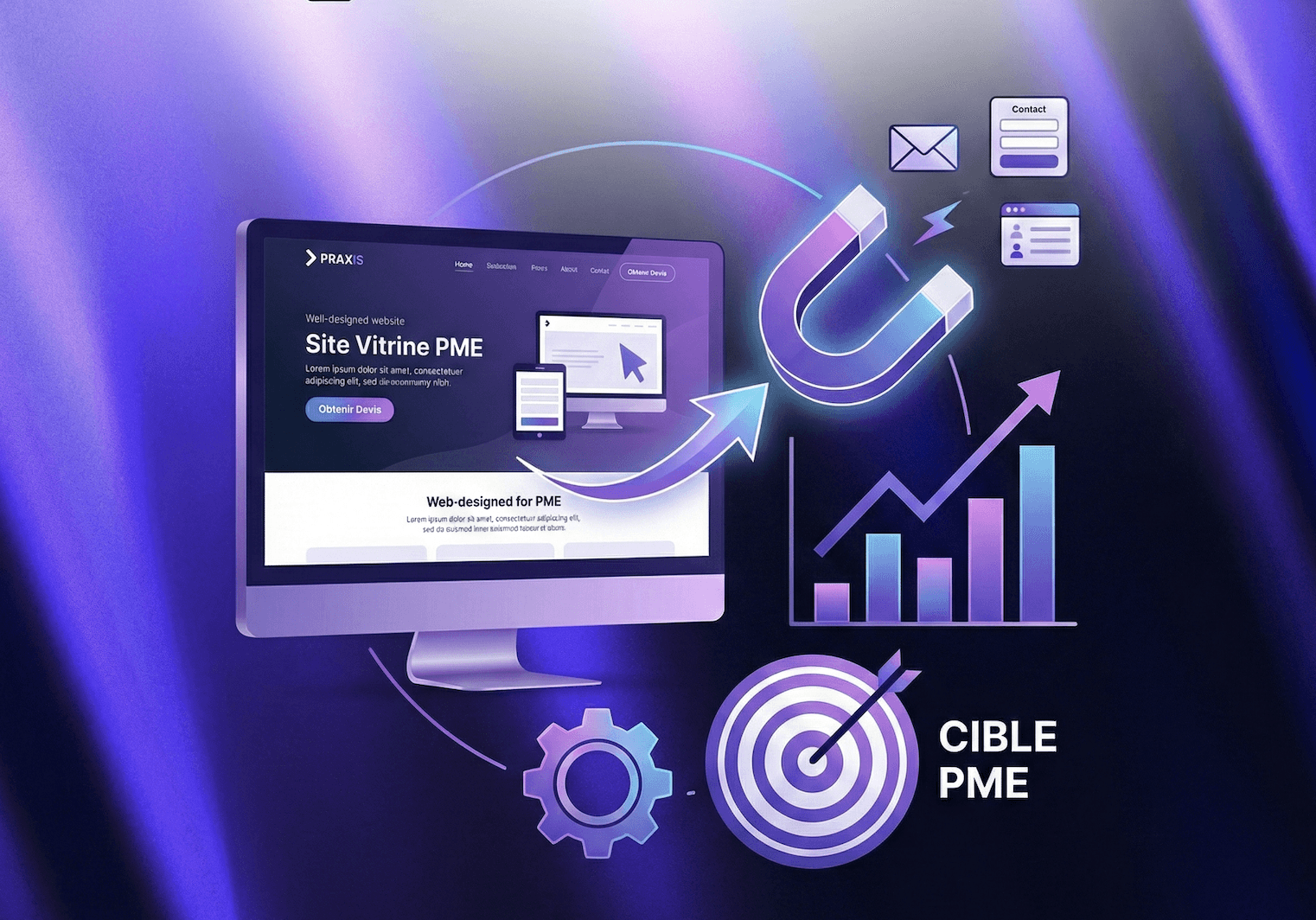 Illustration 3D Agence Web Praxis : Ordinateur affichant un site vitrine PME optimisé pour la génération de leads, avec un aimant attirant des prospects et des graphiques de croissance ROI sur fond violet branding.
