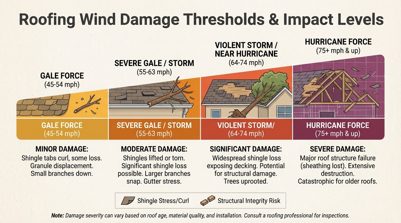 Wind speed damage chart showing roof damage thresholds at 45-54, 58-74, and 75+ mph