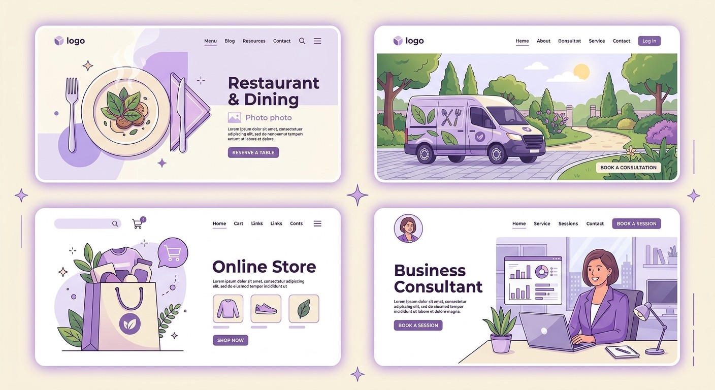 Grid of business website types including restaurant, local service, online store, and consultant, flat illustration