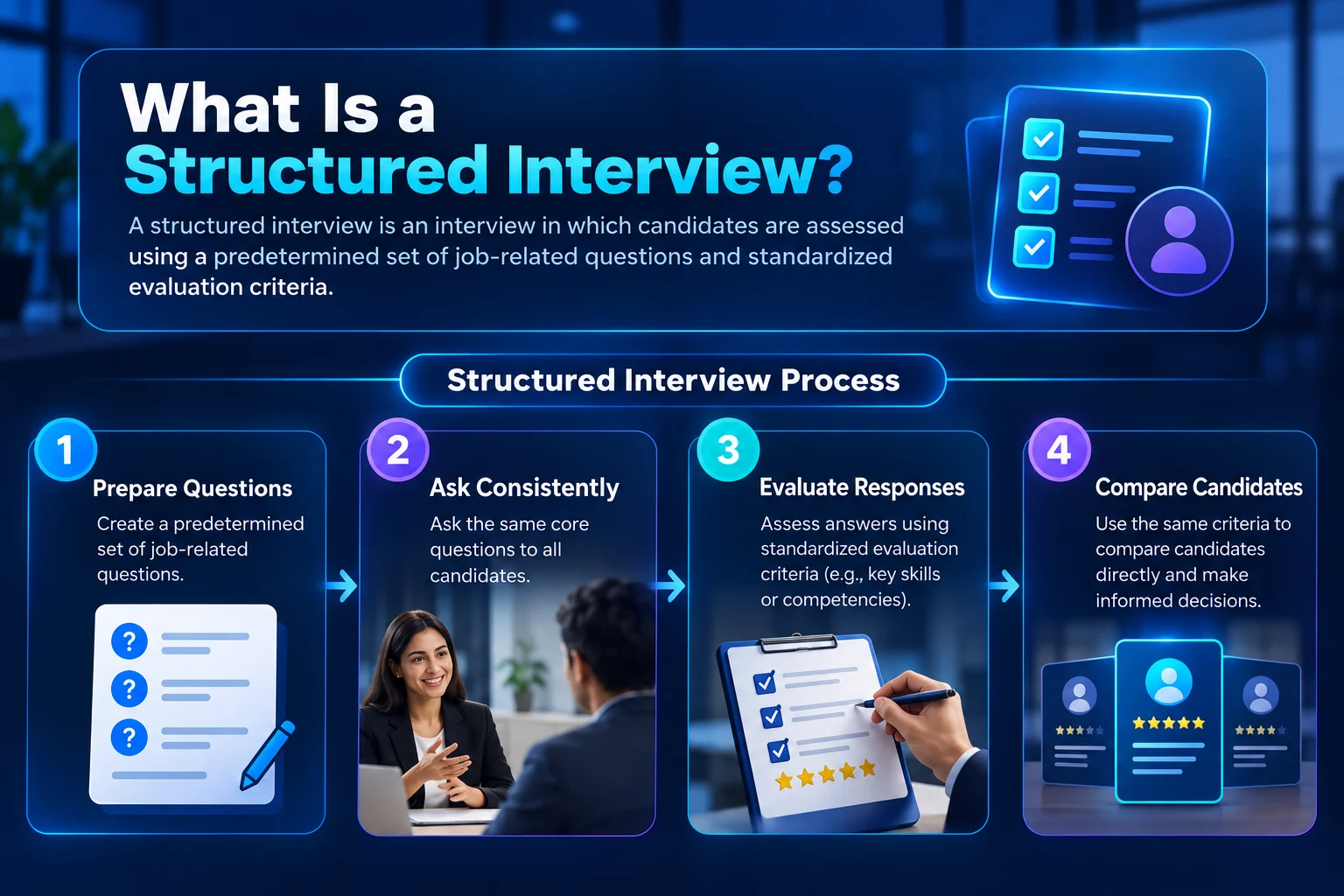 Structured interview process with four standardized steps.