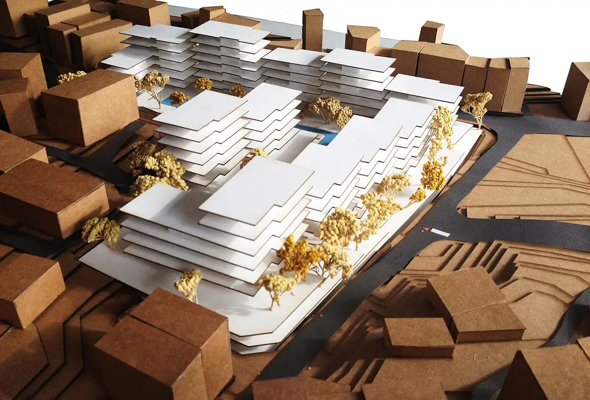 Photograph of the model of the development within its surroundings