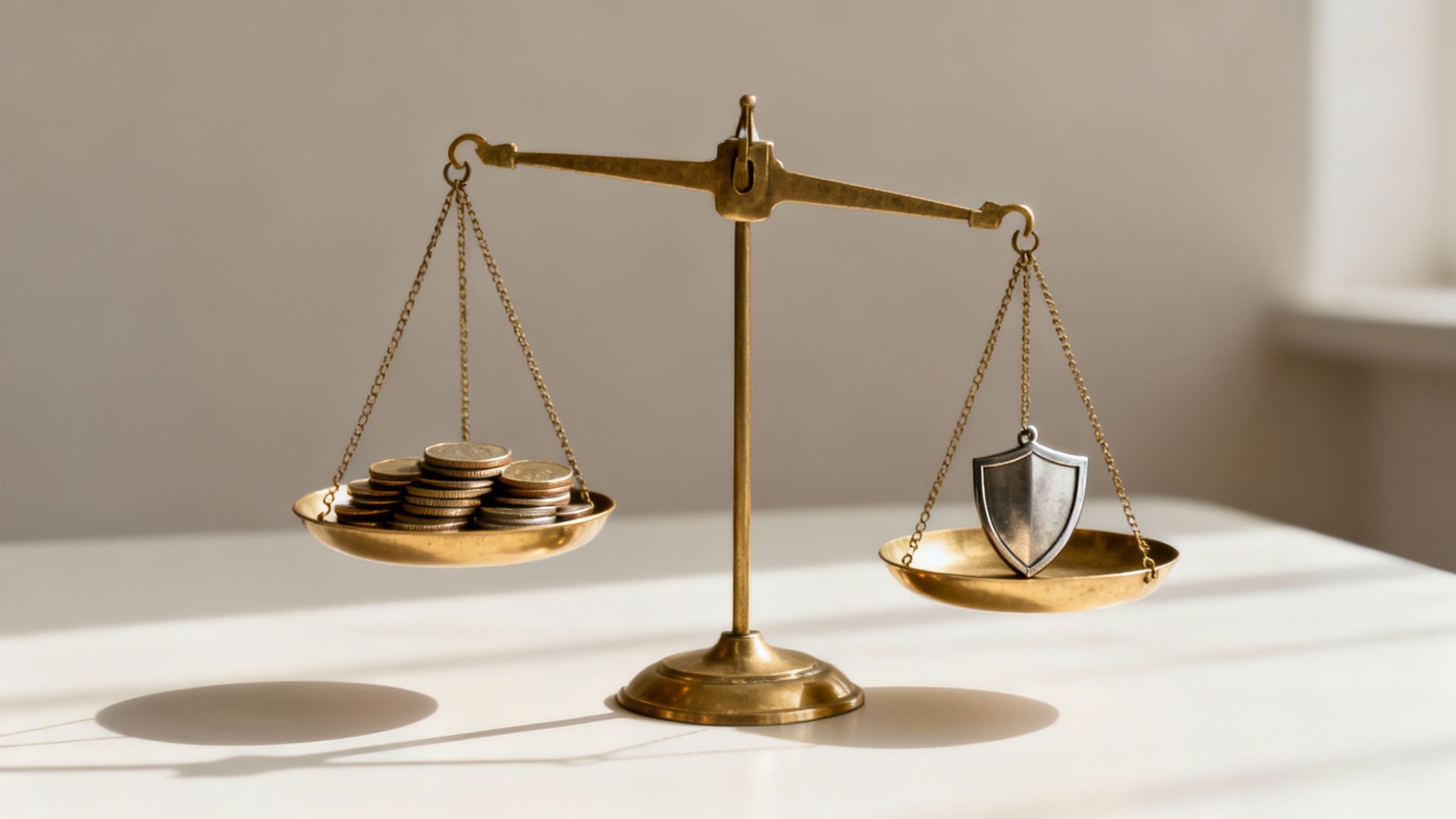 A golden balance scale with stacks of coins on one pan and a metal shield on the other, perfectly balanced.