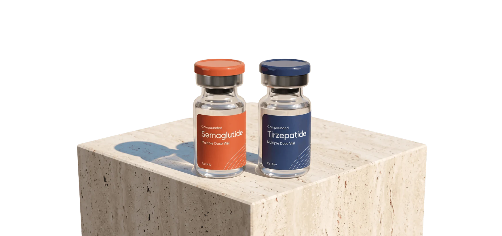 Semaglutide and tirzepatide vials on a travertine plinth
