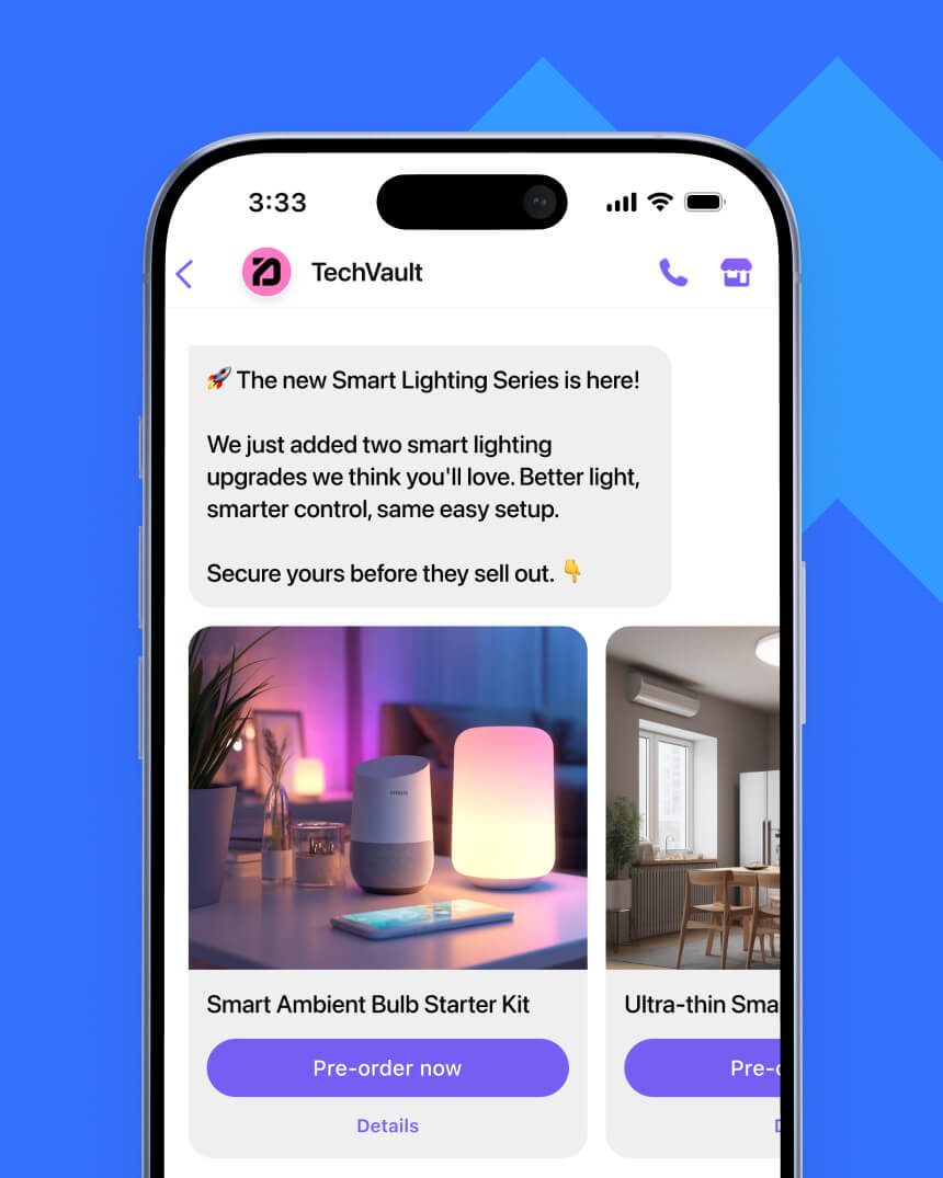 Viber messaging campaign showcasing a personalized, new collection message, targeting men, from an electronics and technology e-commerce store.