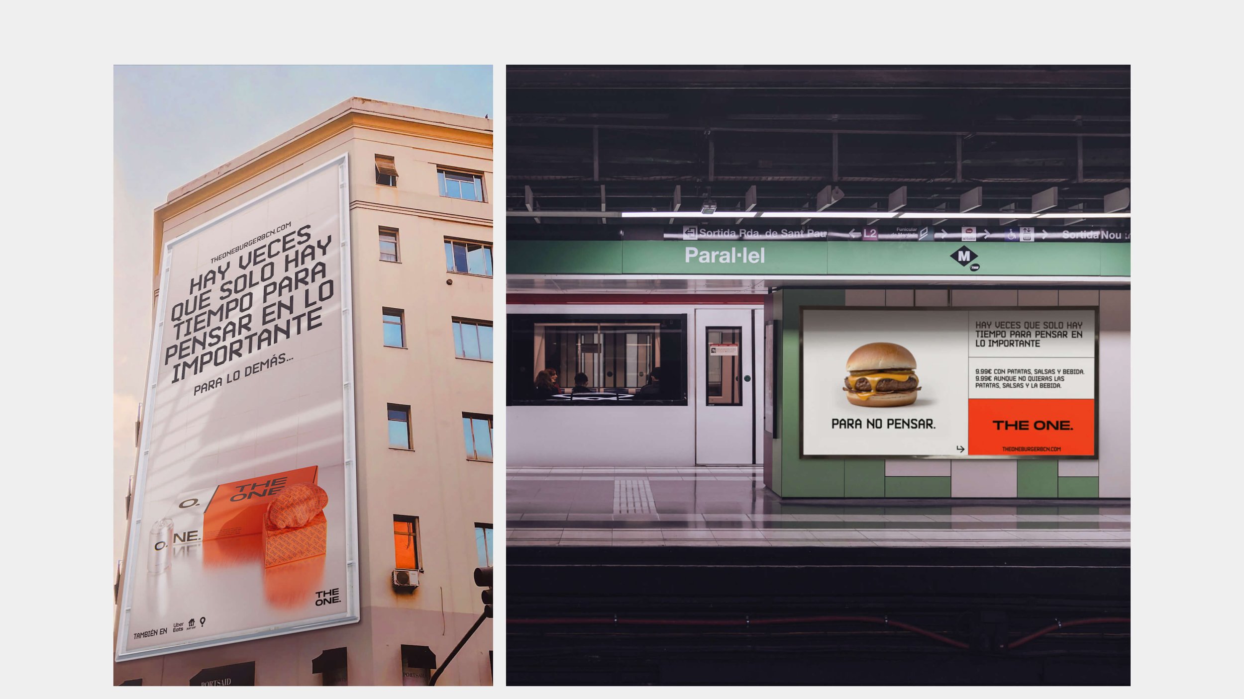 Two outdoor advertising photos: one on the facade of a building and the other on a subway wall.