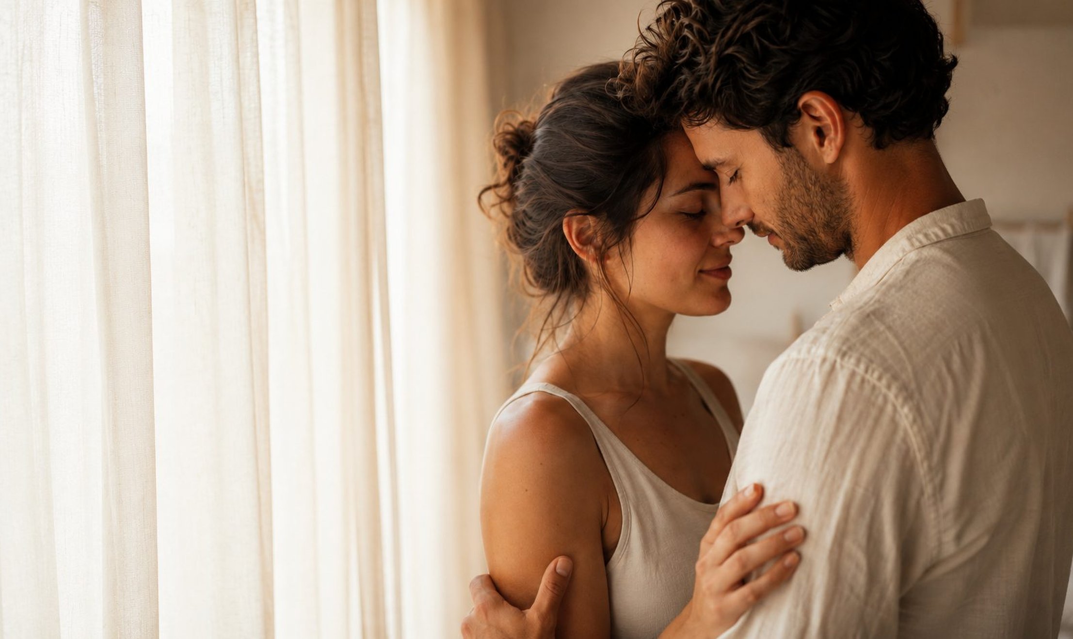 Couple embracing in a warm kitchen, the everyday closeness that supports desire in a long-term relationship