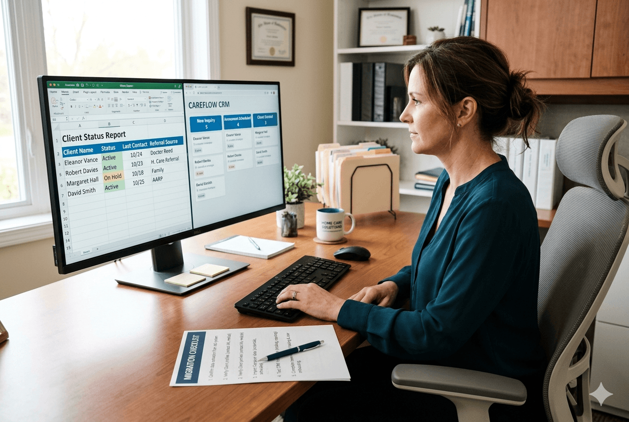 A professional woman in her mid-forties sits at a tidy desk, working on a split-screen monitor displaying a client spreadsheet and a CRM pipeline. A "Migration Checklist" with a pen rests on the desk in an organized, sunlit office.