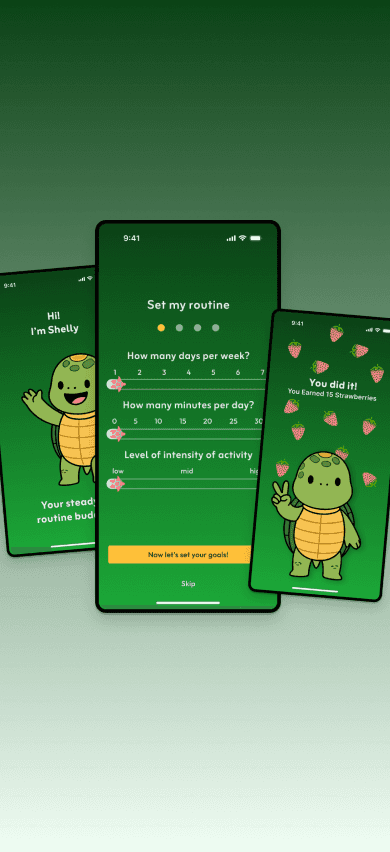 High-fidelity mockups of the Shelly app in both Light and Dark modes. The screens show consistency in the calming aesthetic, ensuring the app remains easy on the eyes during evening use.