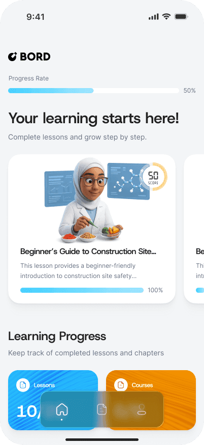 Learner dashboard showing progress rate and a course card