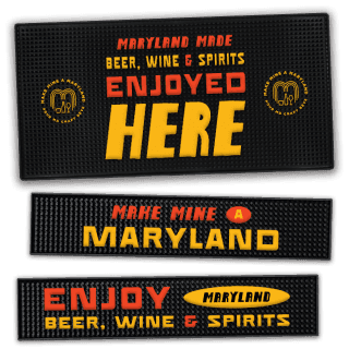 Three black drink mats with yellow and red text promoting Maryland-made beer, wine, and spirits.