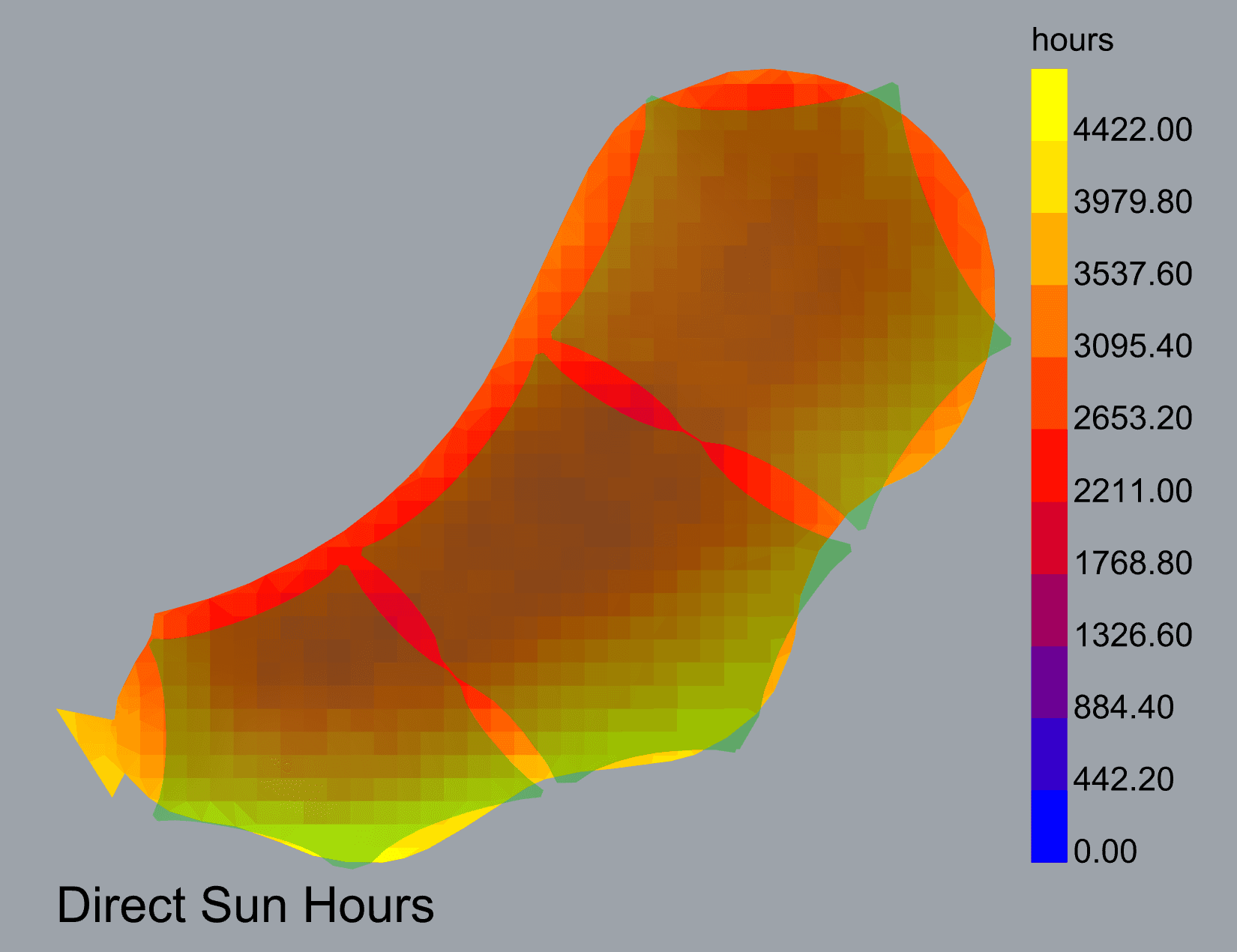 A color graphic of the area beneath the sun sails, featuring a legend for direct sunlight hours ranging from zero to over 4,400 hours, displayed using a color gradient from blue through red to yellow.