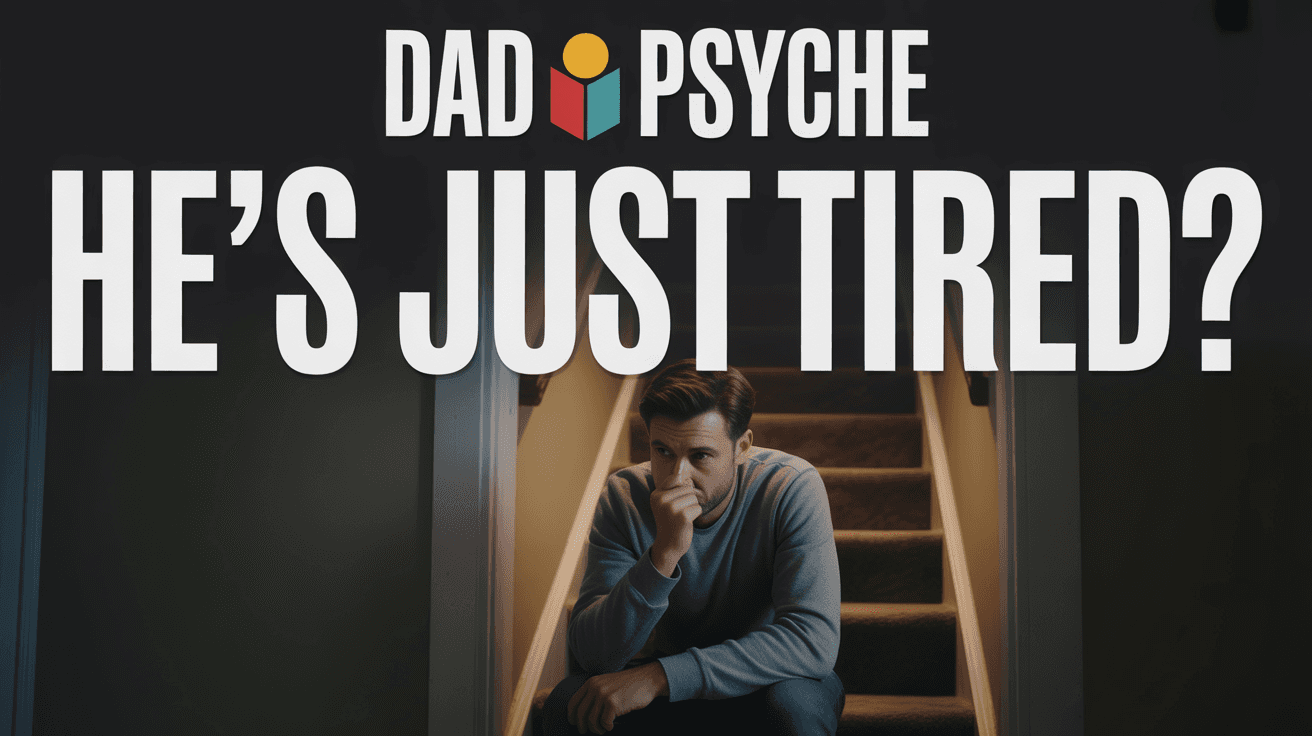 Thoughtful father on staircase under He's Just Tired? headline