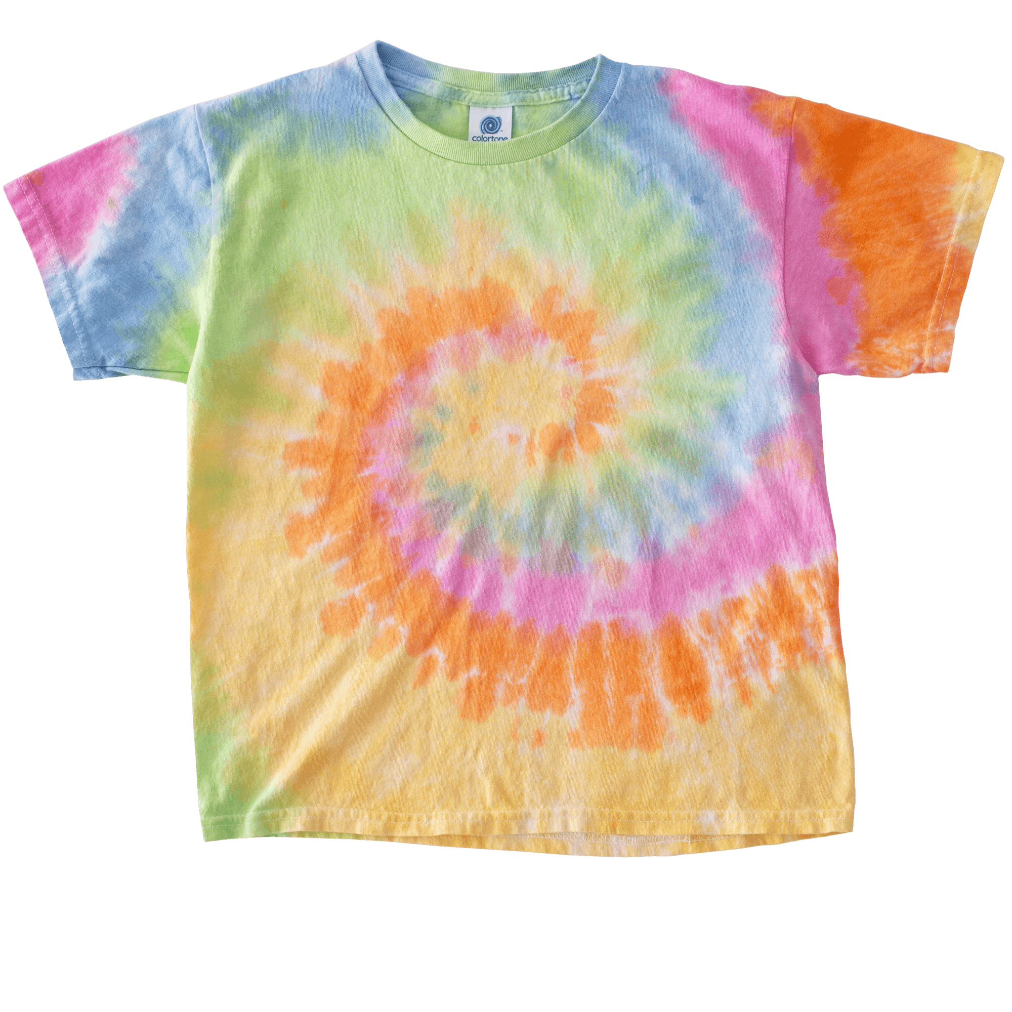 A pastel tie-dye t-shirt with a spiral pattern in pink, orange, yellow, and light blue.