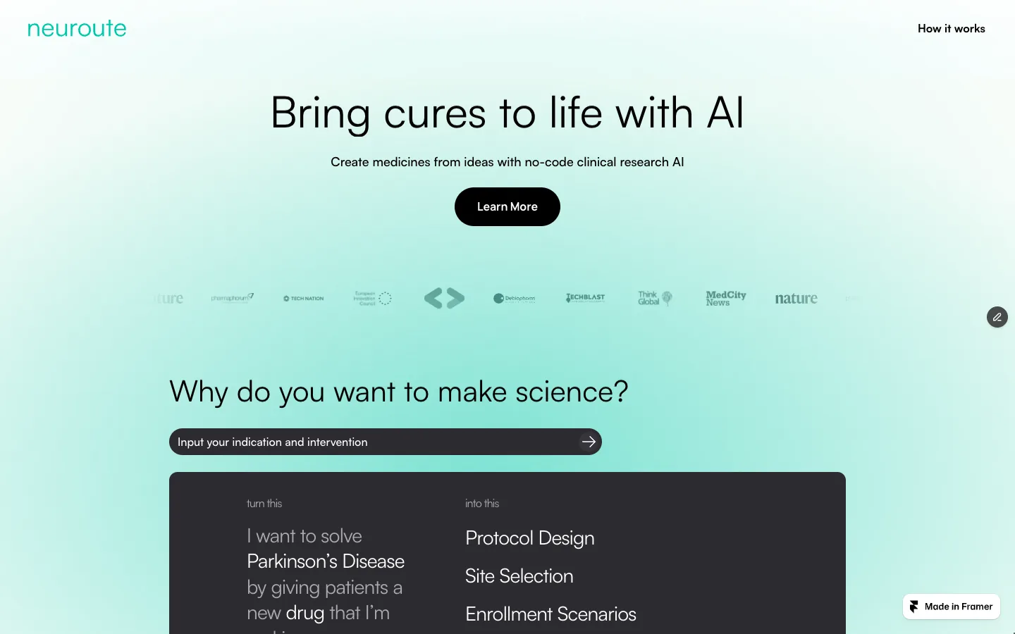 Neuroute site, Bring cures to life with AI