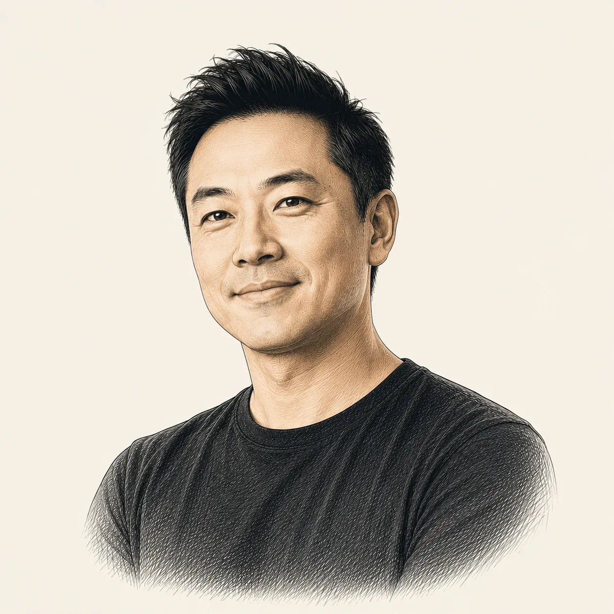 A man with a smiley face by wearing black t-shirt.