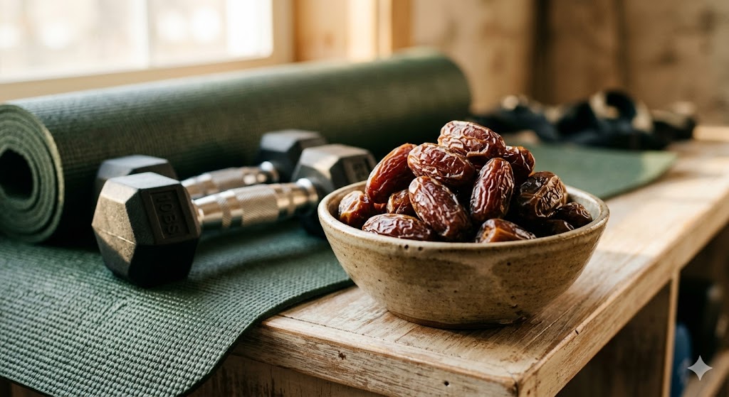 A close-up shot of a rustic bowl filled with Medjool dates on a wooden table, sitting next to a pair of hex dumbbells and a rolled-up green yoga mat, with natural light coming from a window in the background.