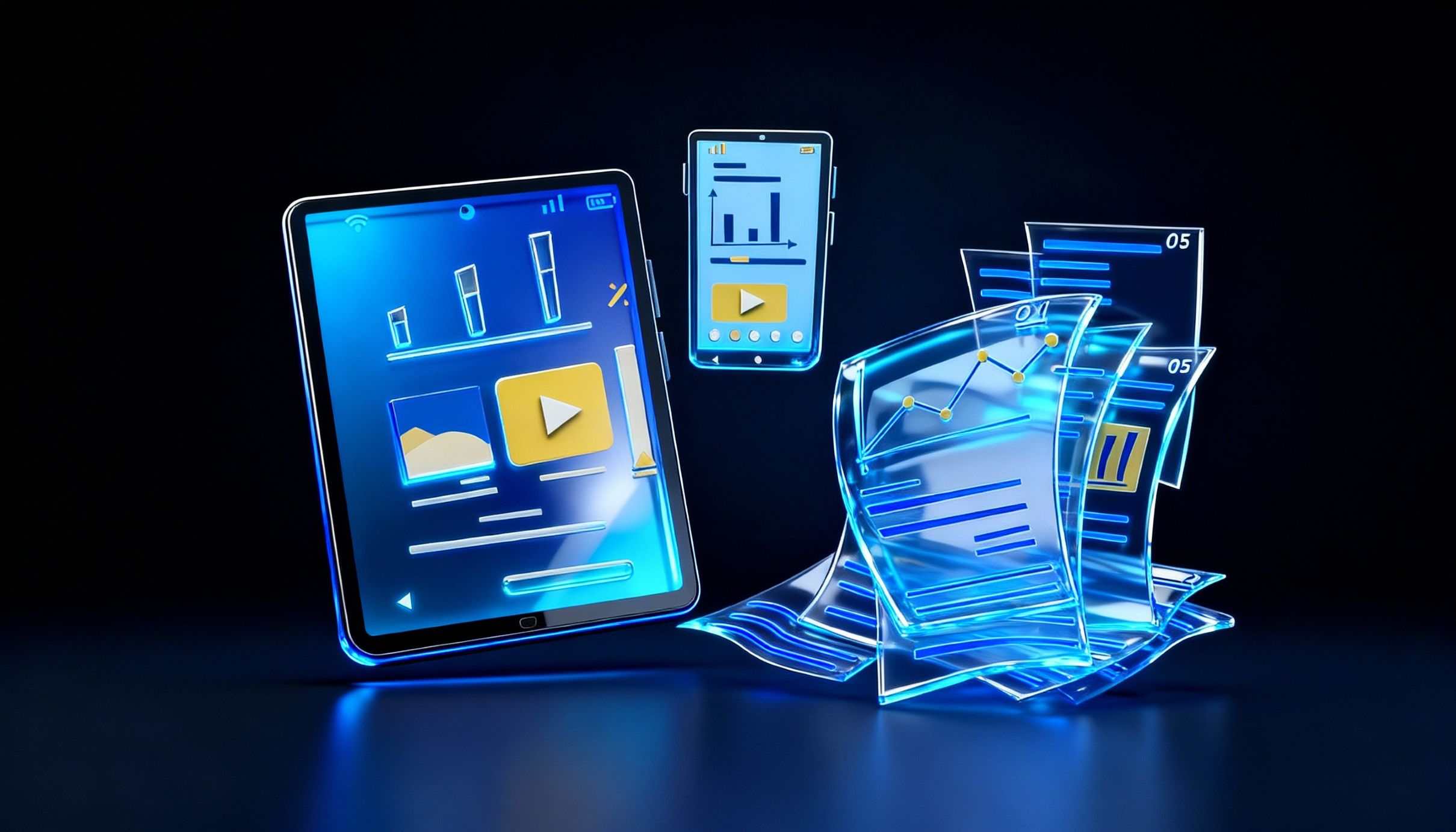 Comparison of traditional long form annual reports vs digital ones on a tablet and mobile screen on a hand drawn illustration