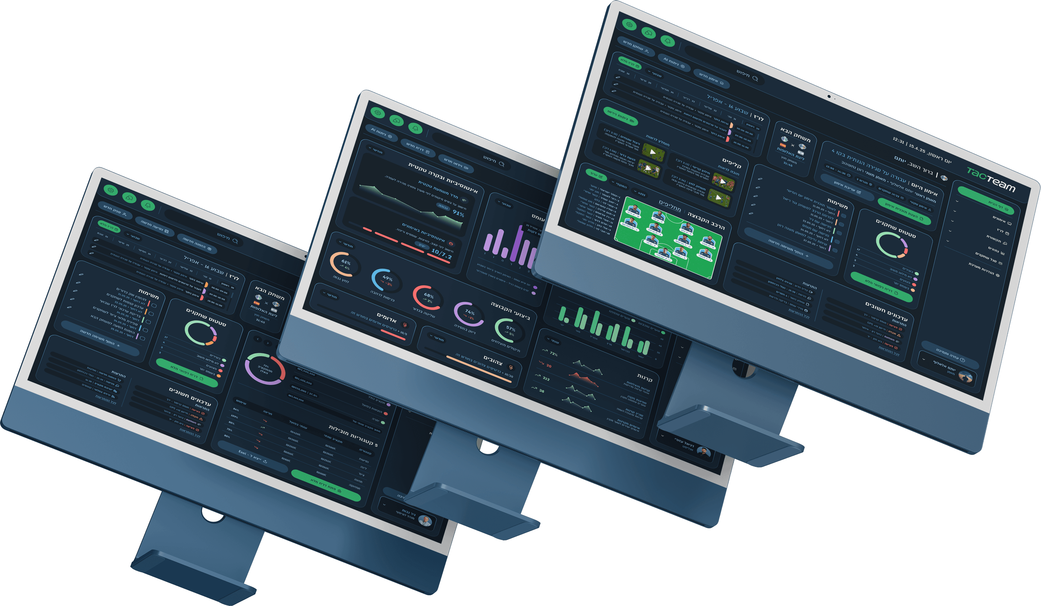Dark mode business analytics dashboards displayed on desktop monitors with performance charts and data management tools.