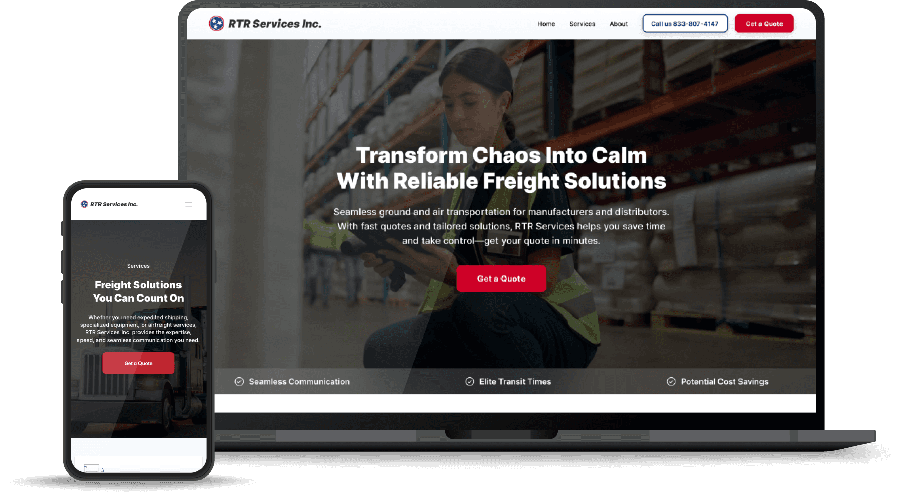 A laptop and smartphone display a marketing website with a woman promoting business growth strategies.