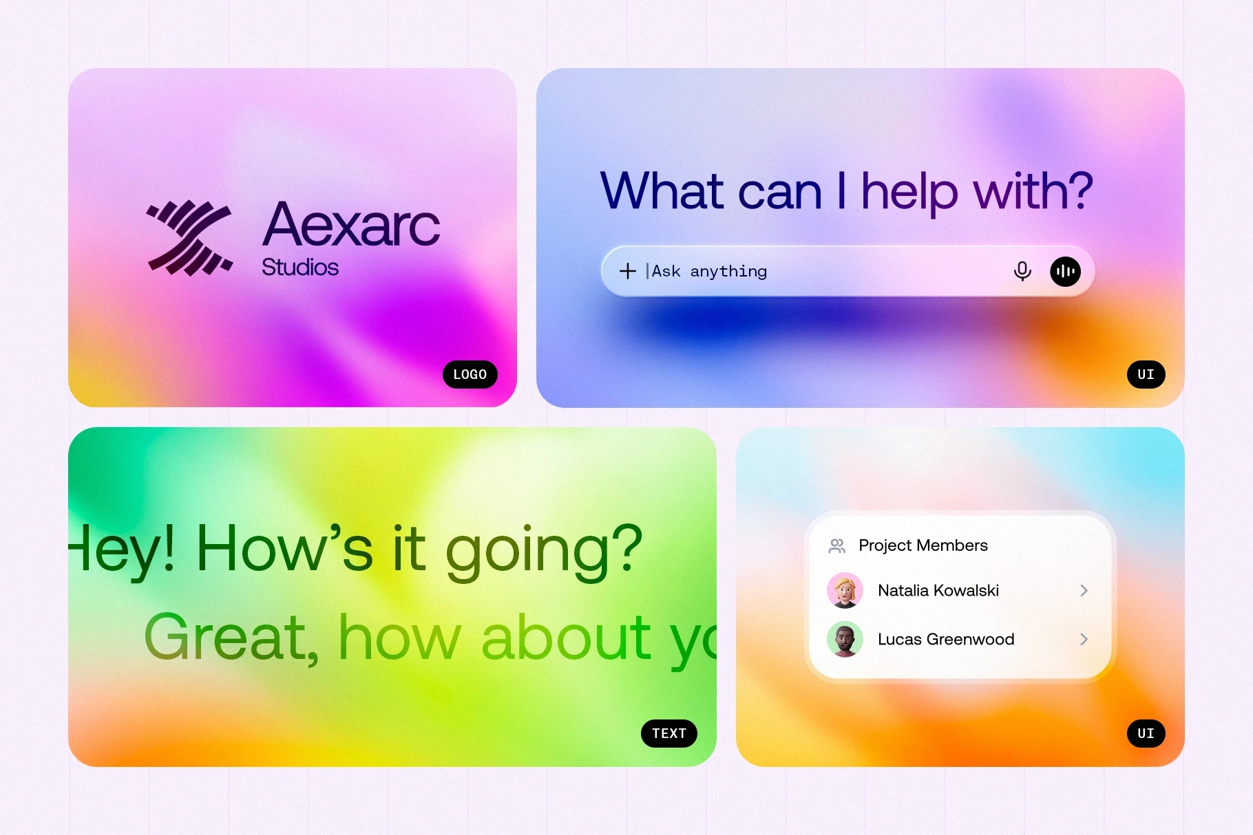 Modern UI design examples showcased on soft blurred Fleurox gradient backgrounds.