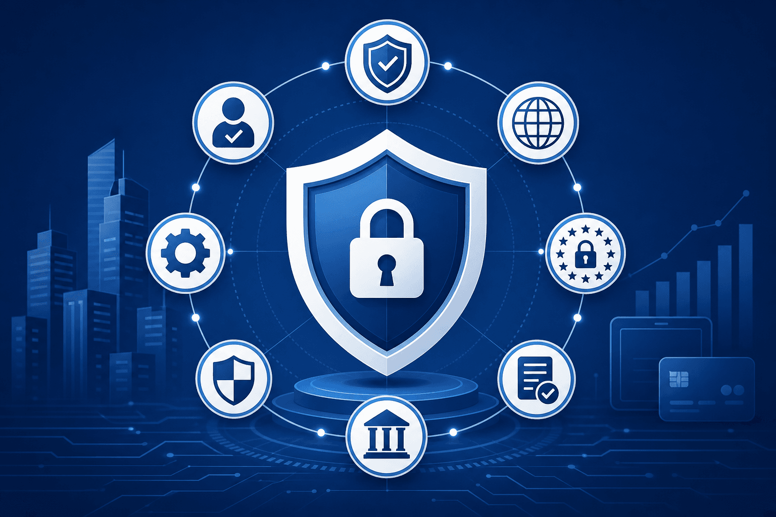 A clean professional illustration showing a compliance and security shield concept for fintech: a large central shield with multiple certification badges or seals arranged around it, representing SOC 2, ISO standards, and data protection certifications, connected by subtle lines suggesting a unified compliance framework, modern flat design, deep blue and white color palette, enterprise financial technology aesthetic, no text or labels anywhere in the image