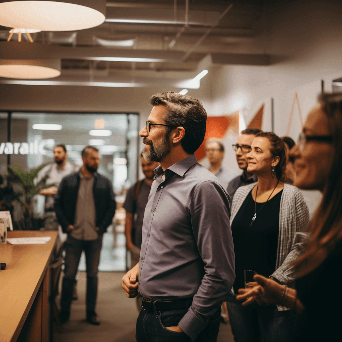 Group of professionals attending a presentation or networking event in a modern office space
