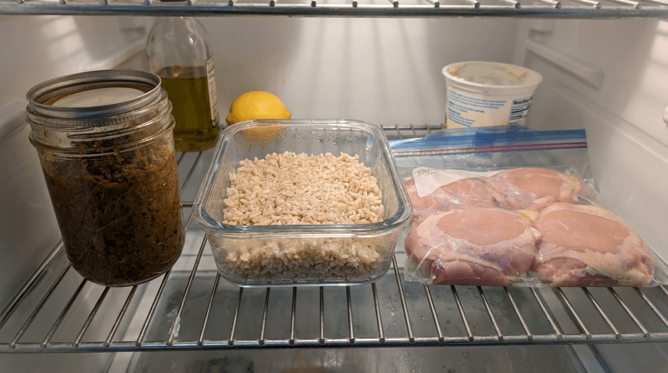 glass containers of meal prepped masala, rice, and chicken in fridge