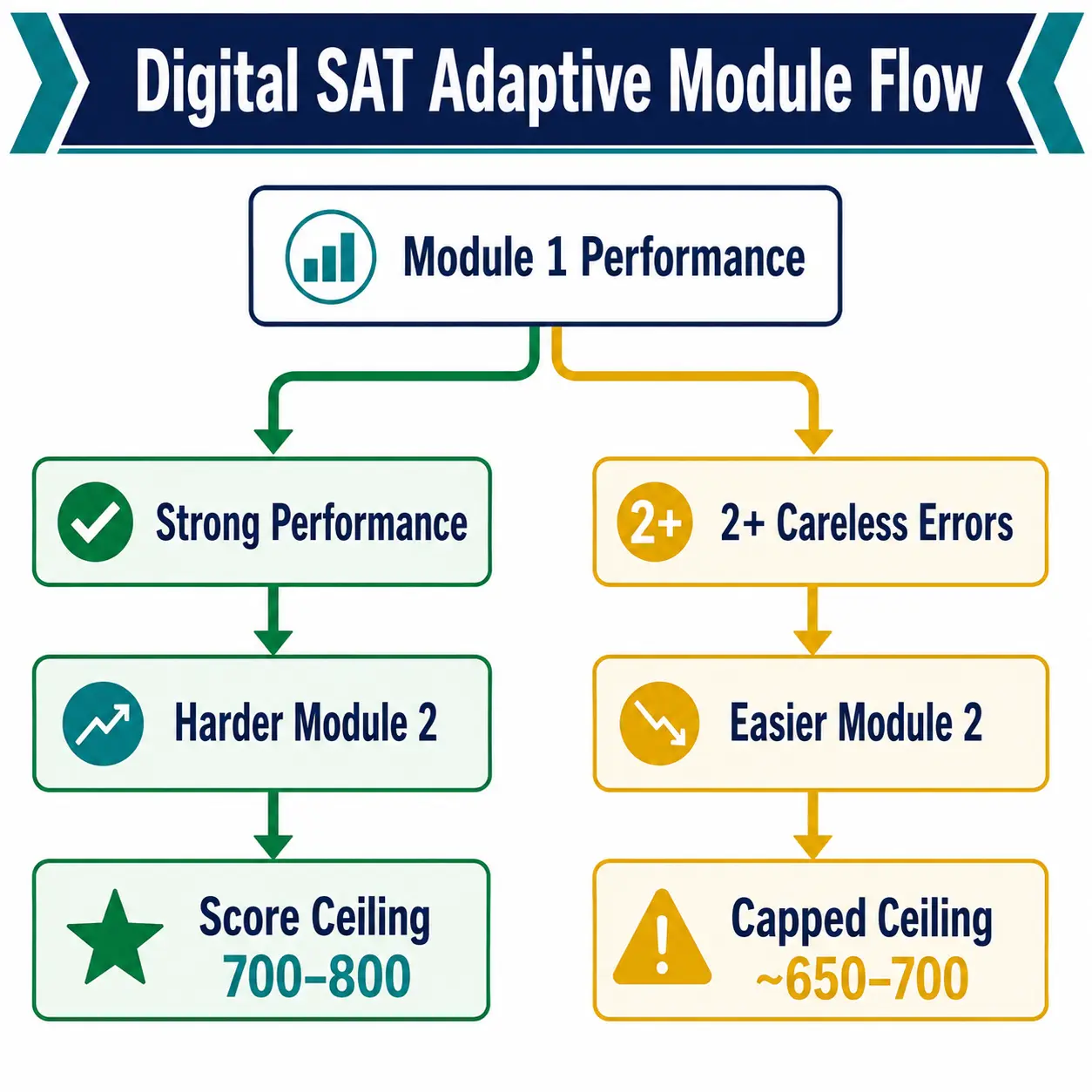 Digital SAT adaptive module flowchart showing how performance on Module 1 math determines whether Module 2 is harder or easier for final score.