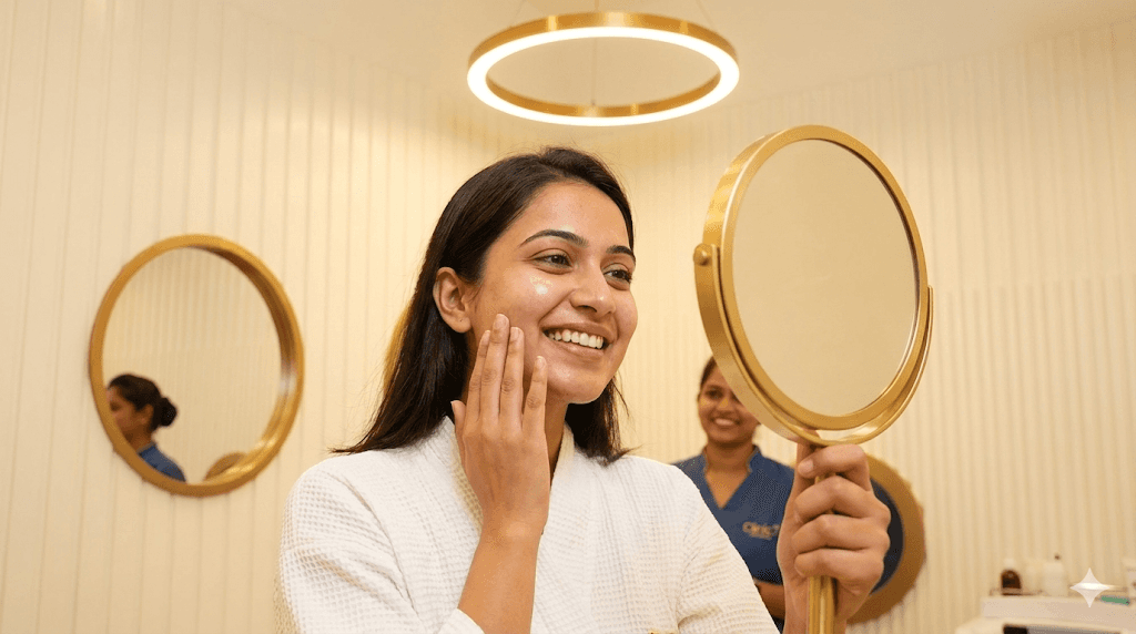 A happy Indian patient looking at their reflection, pleased with the clearer, smoother complexion.