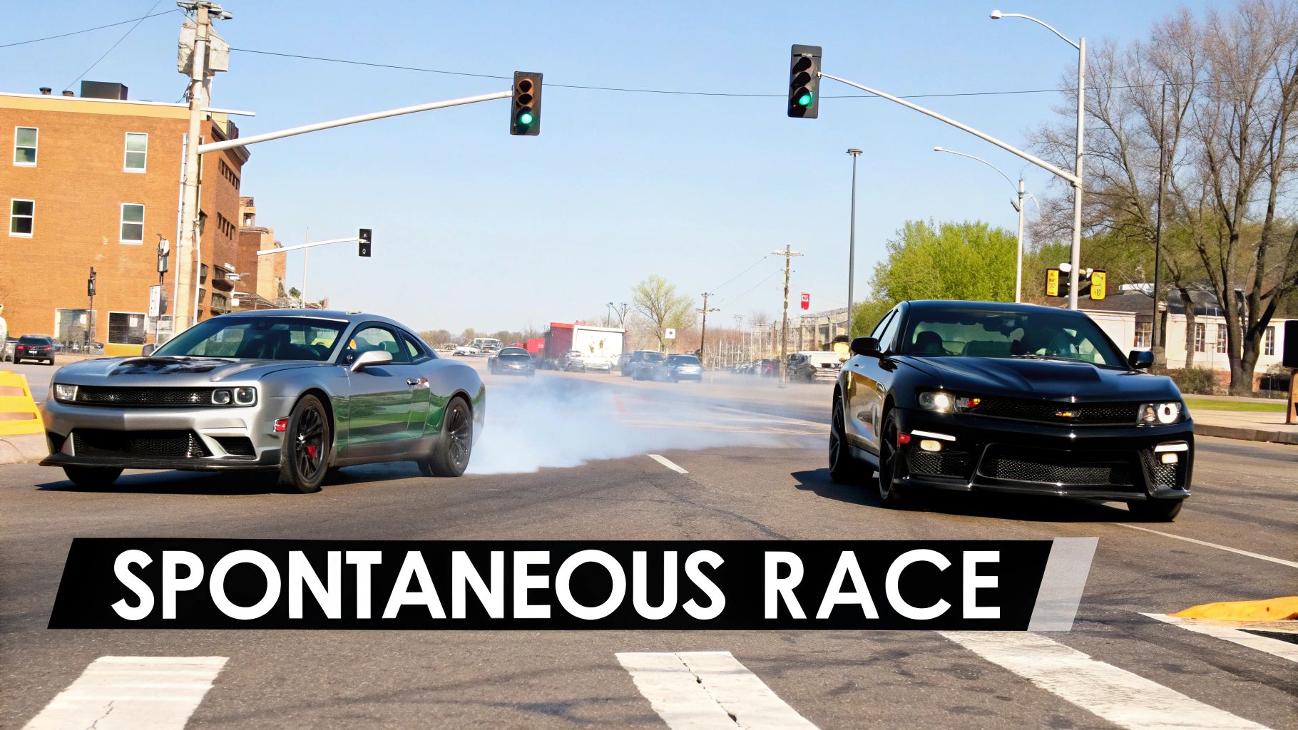Two cars side-by-side at a stoplight on a city street at dusk, illustrating a common scenario for spontaneous street racing.