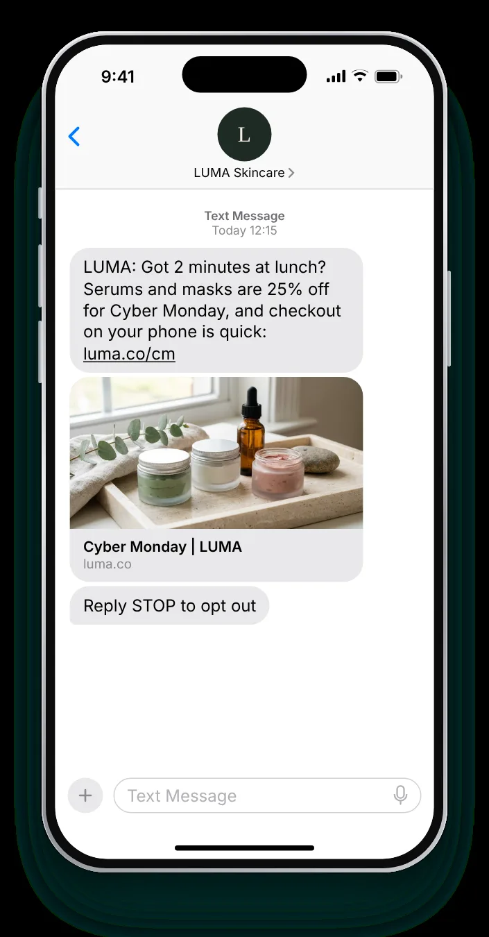Timed for the midday scroll Cyber Monday text on an iPhone