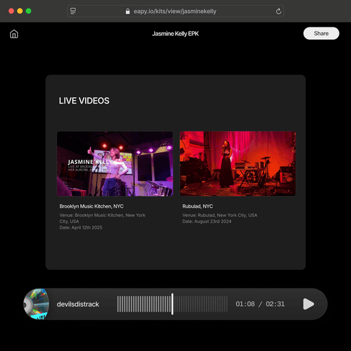Artist live video page created using eapy Slide