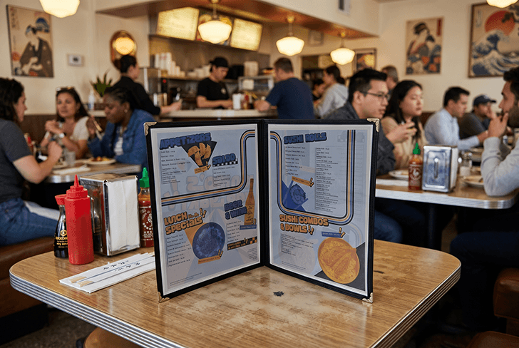 The menu sits open on a table in a busy restaraunt, the middle pages are visible.