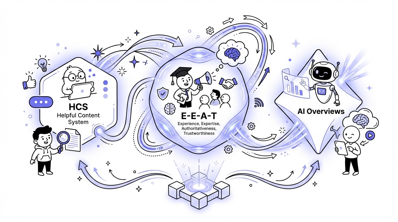 A modern diagram showing three glowing, interconnected nodes labeled HCS, E-E-A-T, and AI Overviews, with light streams flowing between them, converging to form a central foundation on a dark, tech-themed background.