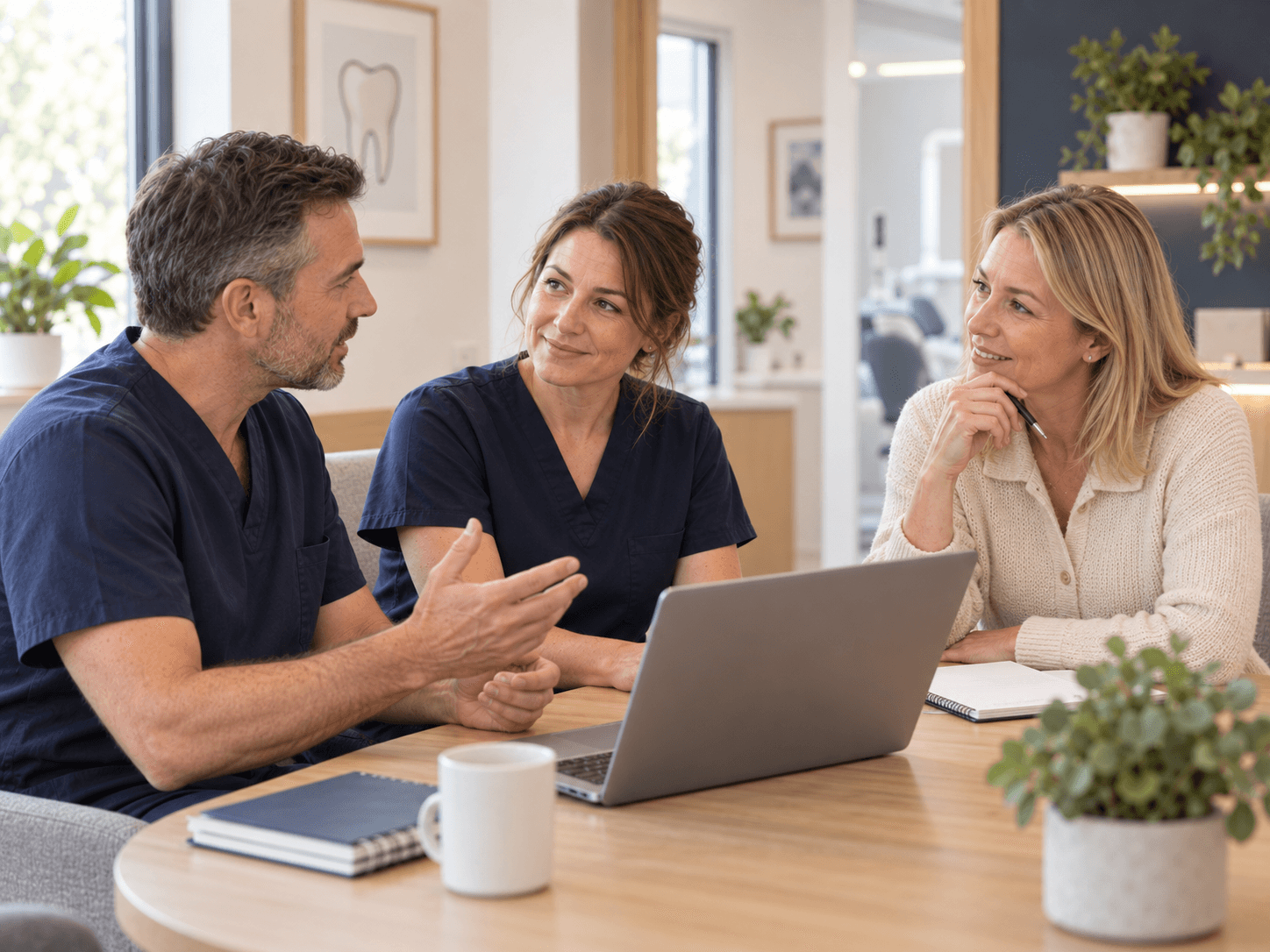 Dental practice colleagues discussing ideas together around a laptop