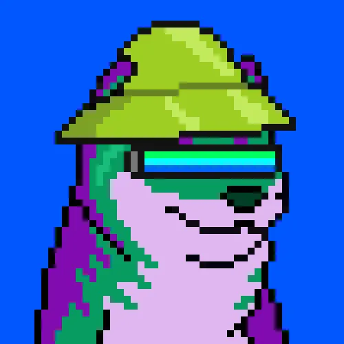 Pixel art of a purple and green dog wearing a yellow hat and futuristic sunglasses