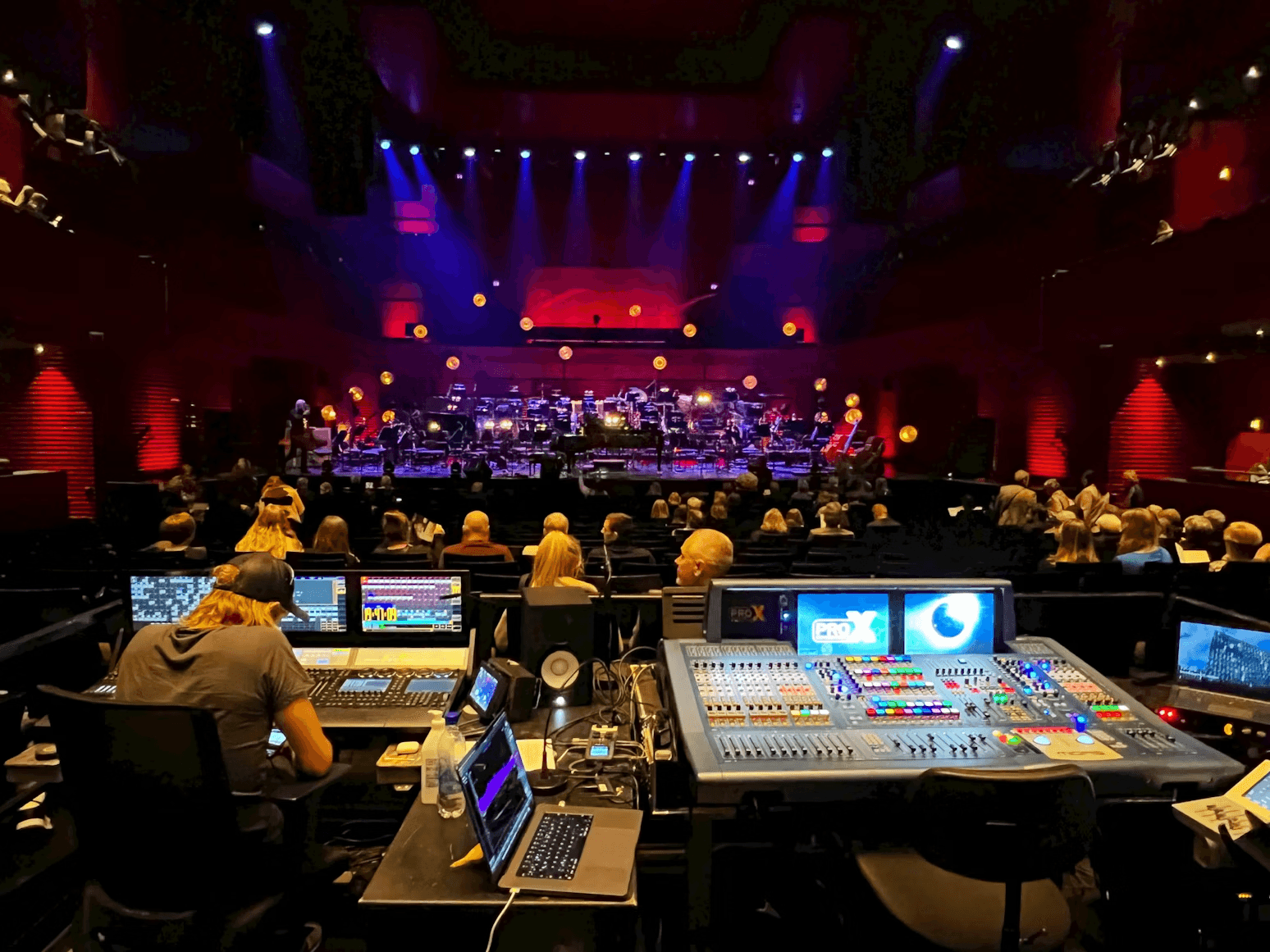 Soundboard and screens with orchestra on stage