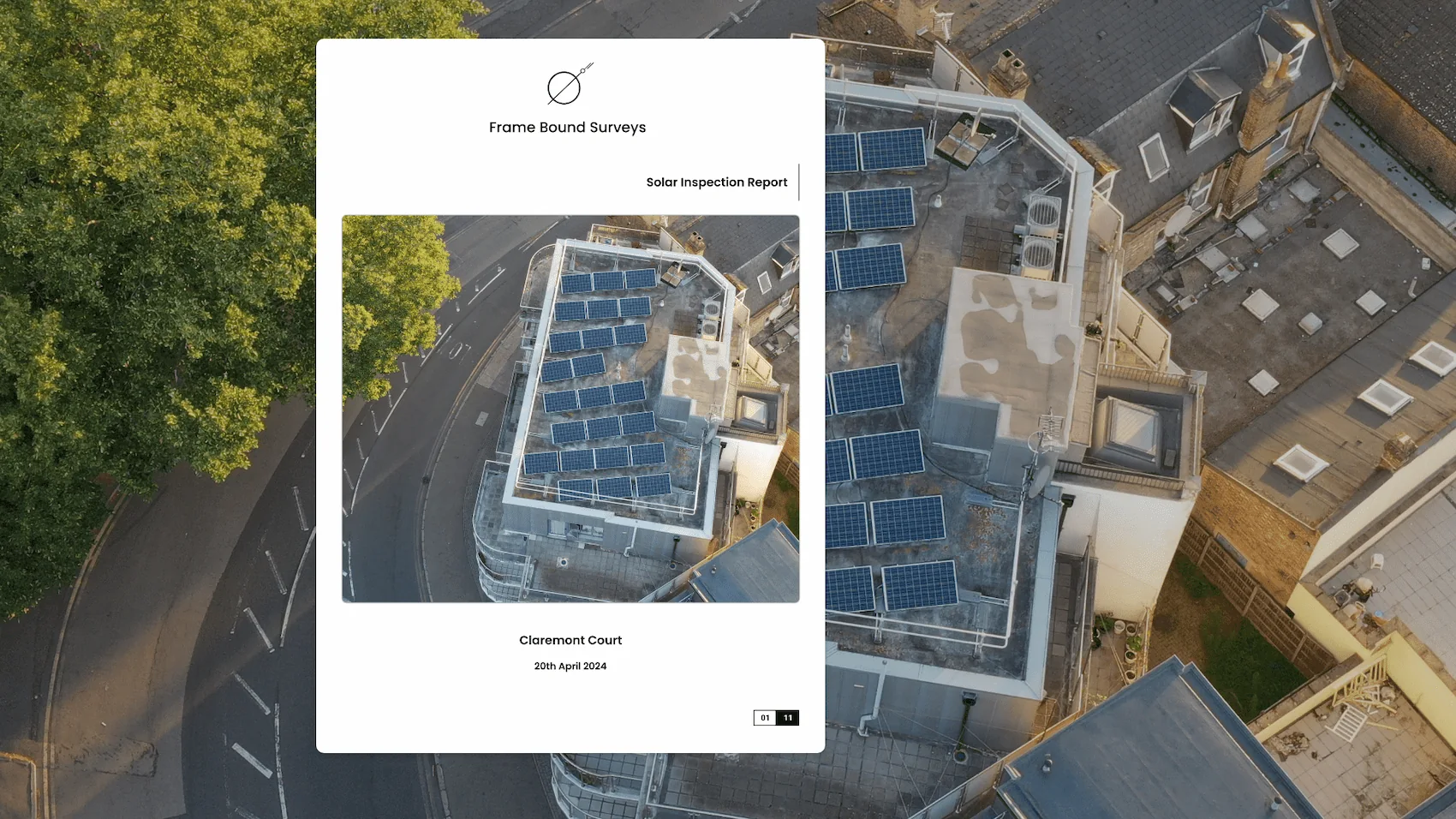 Solar inspection report cover page example by Frame Bound Surveys showing aerial view of rooftop PV system