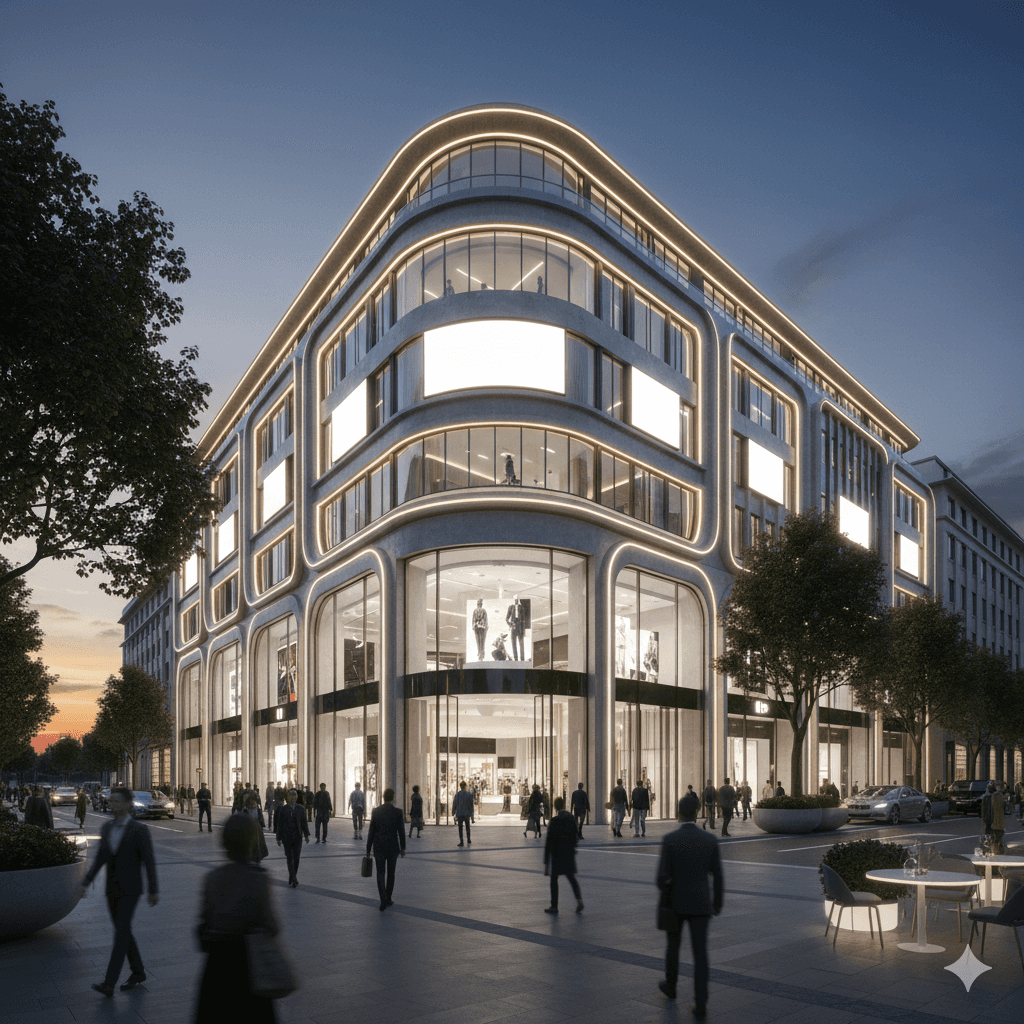 Modern luxury retail high-street at M3M Sector 96 Noida featuring high-end storefronts and glass facades.