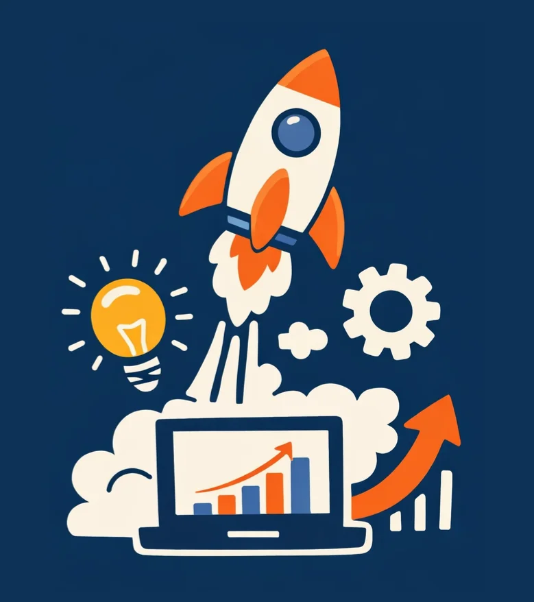 graphic-product-led-growth-vs-customer-led-growth-rocket-launching-above-laptop-with-chart-lightbulb-gear-cloud-and-upward-arrow-on-dark-blue-background