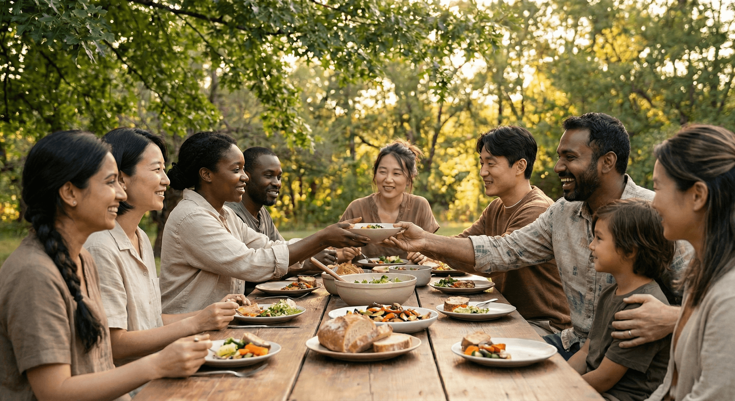 Outdoor corridor with brick arch windows, stucco grid wall, wooden pergola, and dramatic sunlight shadows.
