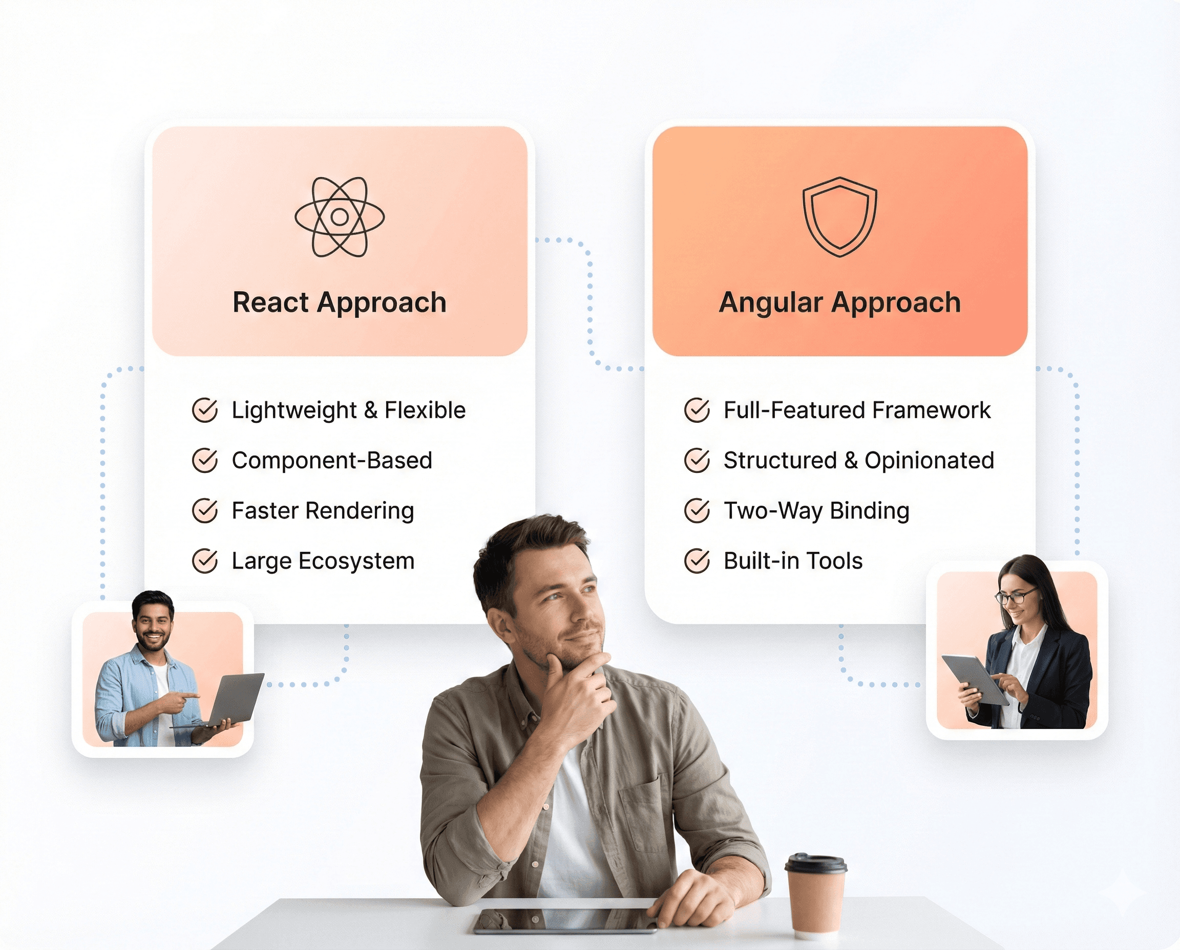 Side-by-side comparison of React and Angular approaches for SaaS platform decisions