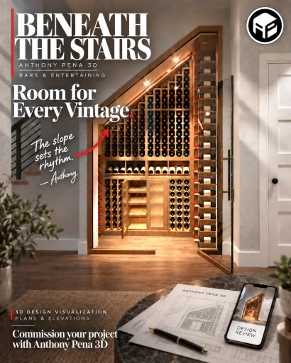 Concept cover showing a lit wine enclosure beneath a stair with its glass door open.