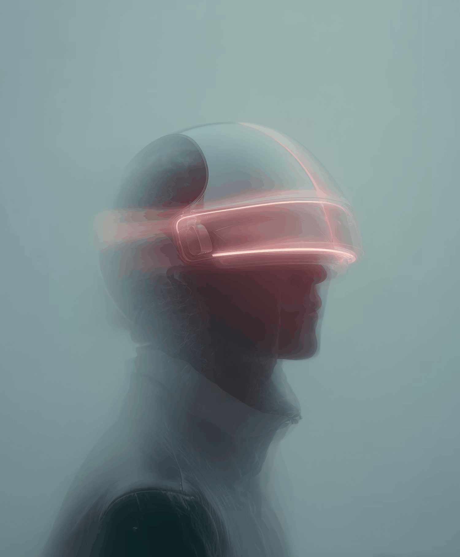 Side profile of a person wearing a futuristic red glowing visor in fog.